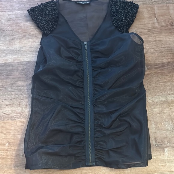 AKIRA Black Ruched Top with Beaded Shoulders - Picture 1 of 2